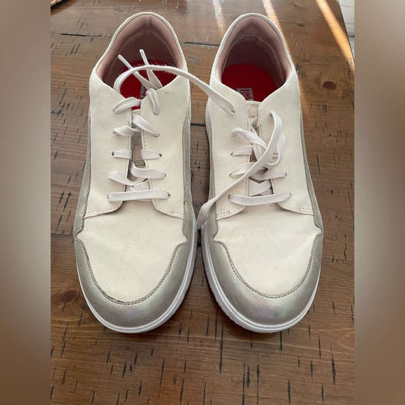 Fitflop Freya cream  Suede & Metallic Lace-Up Chunky  Platform Sneaker size 10 - Picture 1 of 11